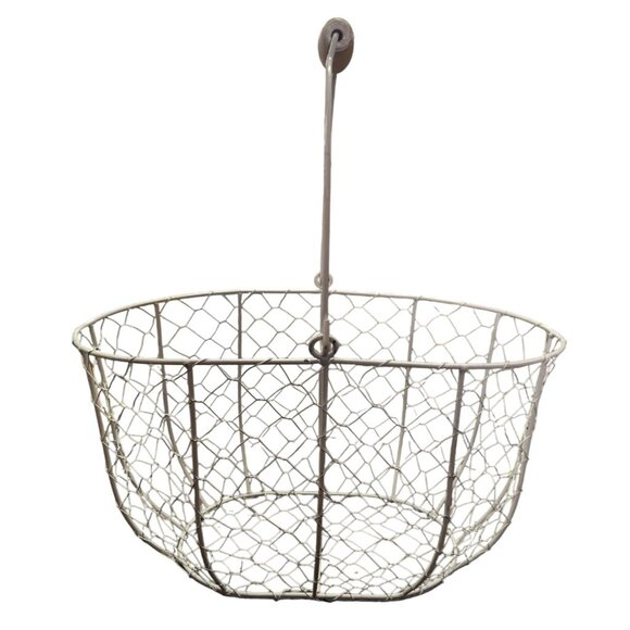 White Wire Mesh Basket With Wooden Handle Decorative Storage Home Organizer Farm - Picture 4 of 14